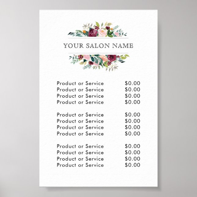 Affiche Liste de prix florale aquarelle Bourgogne et rose (Devant)