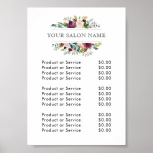 Affiche Liste de prix florale aquarelle Bourgogne et rose