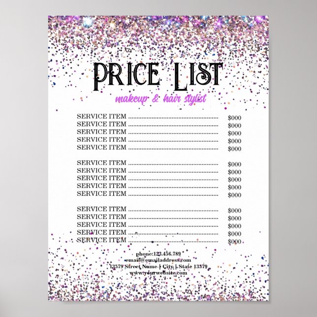 Affiche Liste de Prix Luxe Paillettes Maquilleurs & Coiffe (Devant)