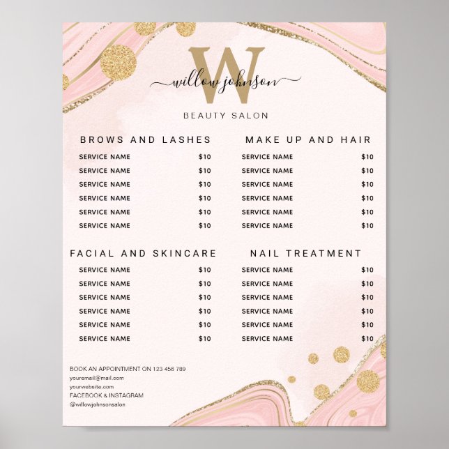 Affiche Liste de prix Marbre Agate Or Rose Élégant Monogra (Devant)