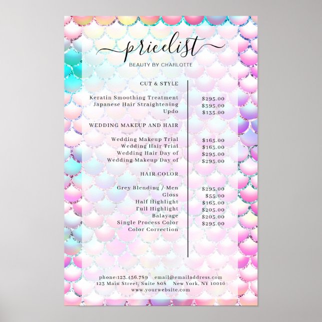 Affiche Liste de prix Salon de motif de sirène pailletée (Devant)