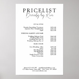 Affiche Liste de Prix Salon Élégant Minimaliste Blanc & No