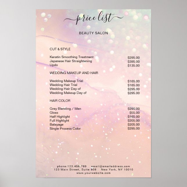 Affiche Liste de prix Salon Pailleté Marbre pêche moderne  (Devant)