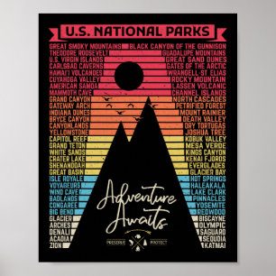 Affiche Liste des parcs nationaux Parc américain vintage c