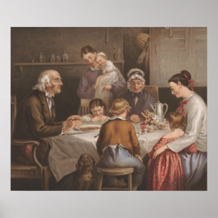 Affiche Lithographie vintage de prière de dîner de famille