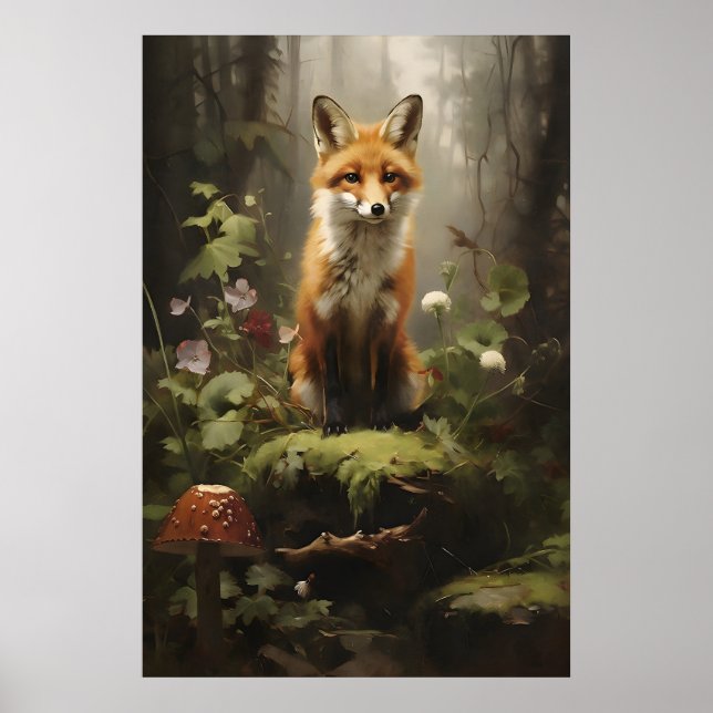 Affiche Little Fox In Forest Wall Print, Botanical Dark (Devant)