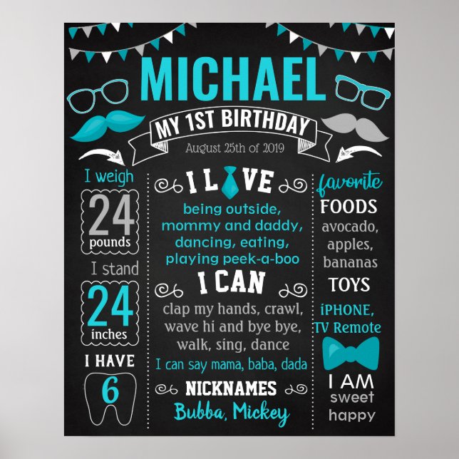 Affiche Little Man Mustache M. Onederful Anniversaire sign (Devant)