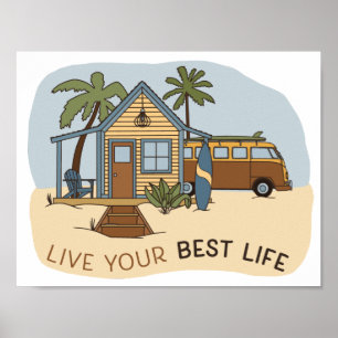 Affiche Live Your Best Life Beach cabine Surfer