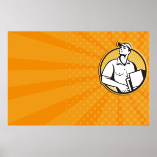 Affiche Livraison Homme Poussant Dolly Avec Carton Retro