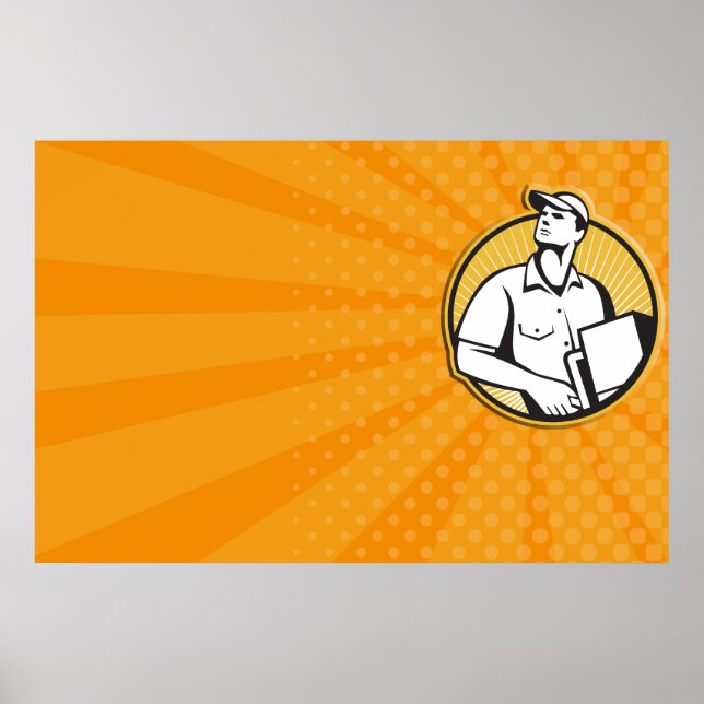 Affiche Livraison Homme Poussant Dolly Avec Carton Retro (Devant)