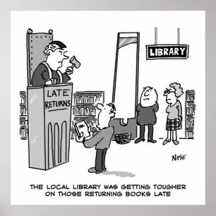Affiche Livre de bibliothèque en retard. Pénalité sévère p