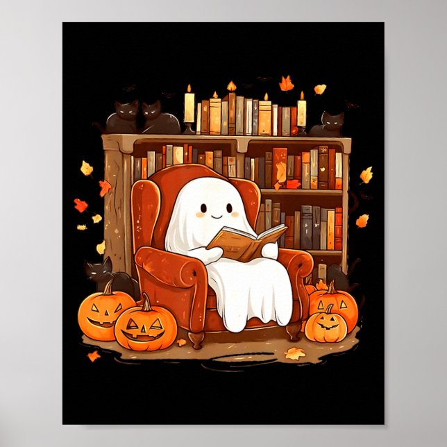 Affiche Livre de lecture fantôme avec chat noir Halloween  (Devant)