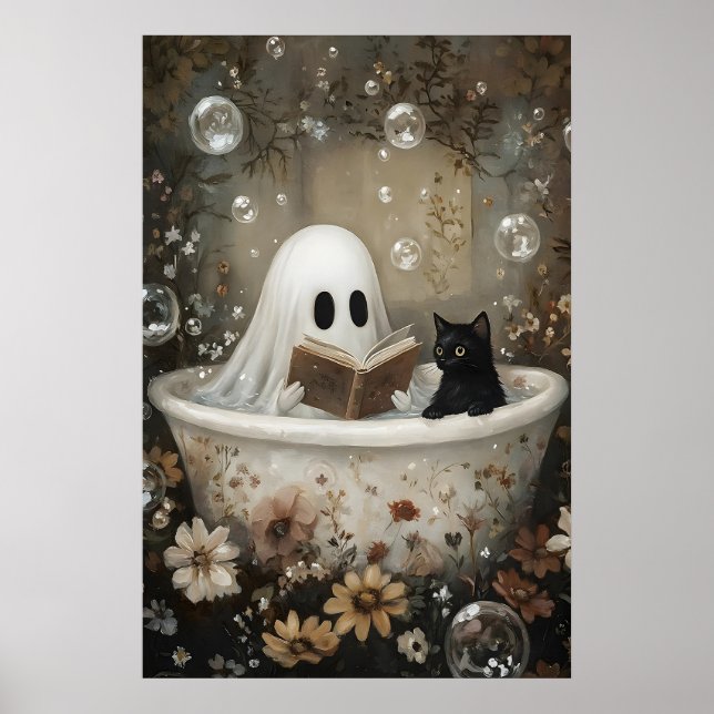 Affiche Livre de lecture fantôme et chat noir prenant un b (Devant)