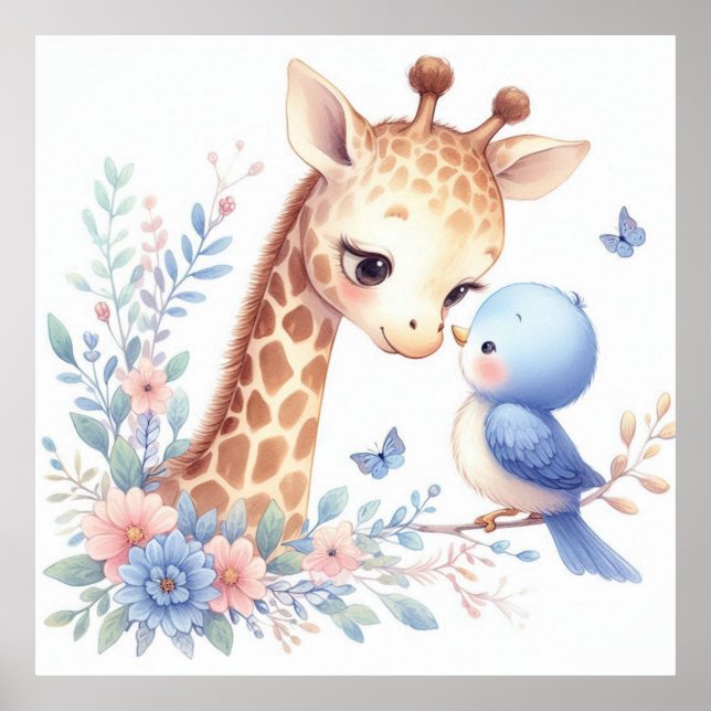 Affiche Livre D'Histoire Bois Bébés Giraffe Et Oiseau Bleu (Devant)