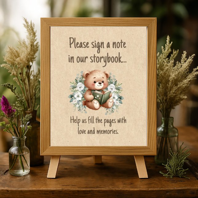Affiche Livre d'histoire Teddy Bear Guestbook (Storybook teddy bear baby shower "Sign our guestbook" poster)