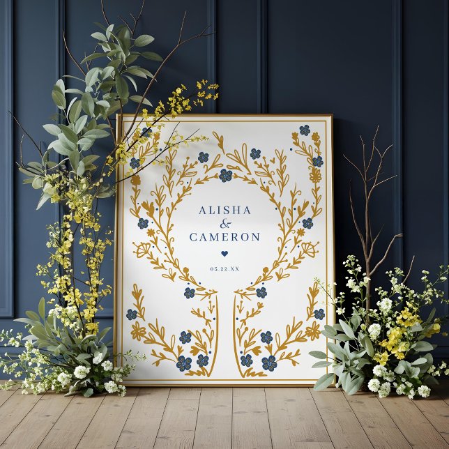 Affiche Livre d'invité Mariage de l'arbre d'empreintes d'o (Framed Gold Fingerprint Tree Wedding Guest Book)
