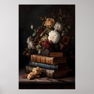 Affiche Livres Anciens & Fleurs Dark Academia Nature morte