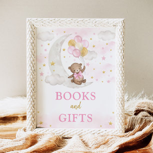 Affiche Livres & Cadeaux Lune Ours Teddy Or Rose Ballons