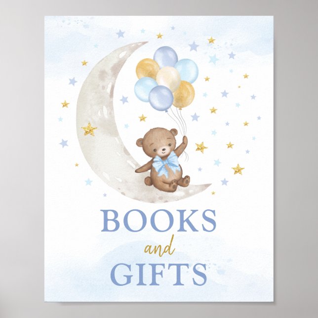 Affiche Livres & Cadeaux Lune Teddy Bear Blue Gold Ballons (Devant)
