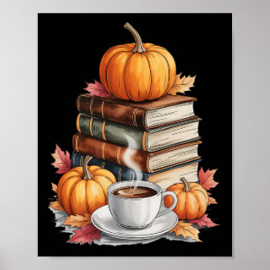 Affiche Livres Café Automne Feuilles Et Citrouilles Biblio