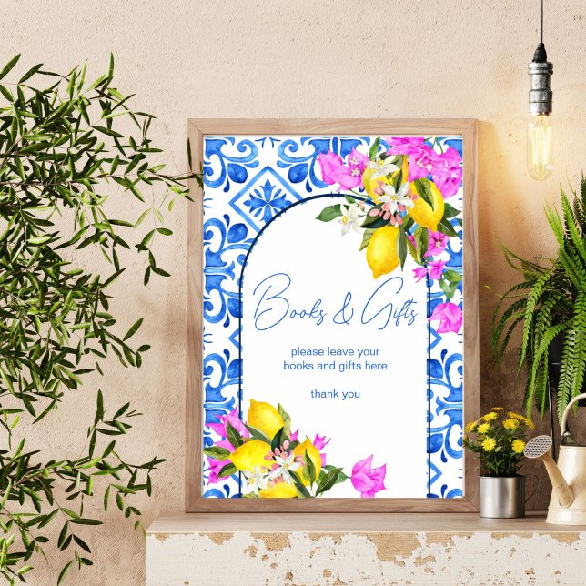 Affiche Livres de baby shower et enseigne cadeau Carreaux  (Baby Shower books and gifts table sign Blue Tiles Lemons bougainvillea Mediterranean  decor)