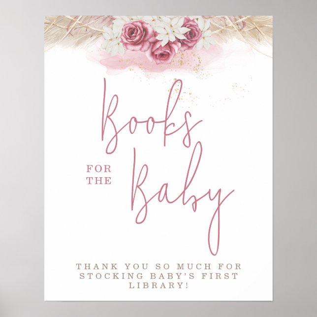 Affiche Livres de Baby shower Tropical Boho Rose pour bébé (Devant)