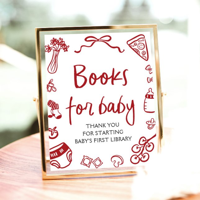 Affiche Livres en Baby shower rouge italien tiré à la main (Red Italian Hand Drawn Baby Shower Books for Baby Sign)