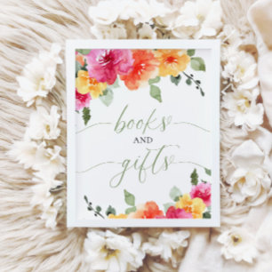 Affiche Livres et cadeaux baby shower coloré floral clair