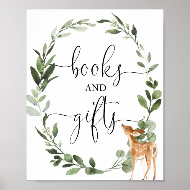 Affiche Livres et cadeaux baby shower de cerfs de bois (Devant)