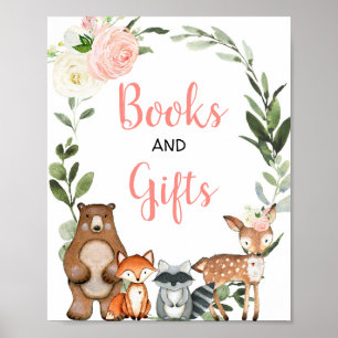 Affiche Livres et cadeaux bois verdure baby shower rose