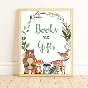 Affiche Livres et cadeaux bois verdure panneau baby shower