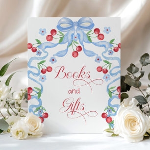 Affiche Livres et cadeaux Cerise sur le dessus Ruban bleu 