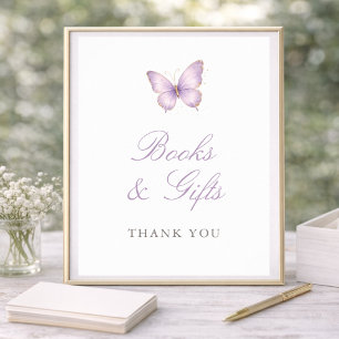 Affiche Livres et Cadeaux de Baby Shower Papillon Or Pourp