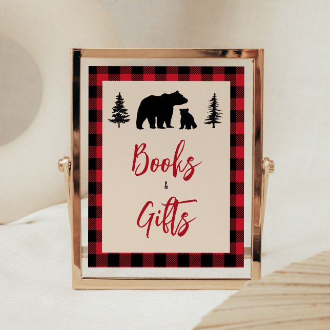 Affiche Livres et cadeaux de bûcherons d'ours plaid (Bear Cub Plaid Lumberjack Baby Shower Books and Gifts Sign
)