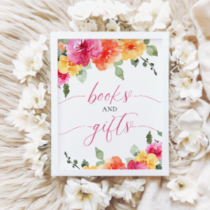 Affiche Livres et cadeaux floraux orange rose baby shower