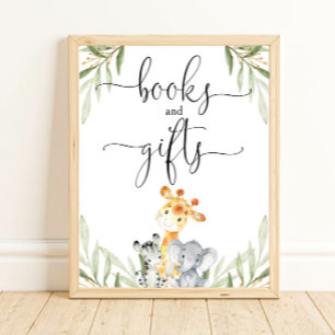 Affiche Livres et cadeaux safari animaux signe baby shower