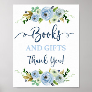 Affiche Livres et cadeaux signe floral bleu