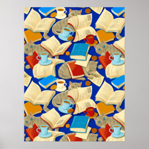 Affiche Livres et chats en bleu