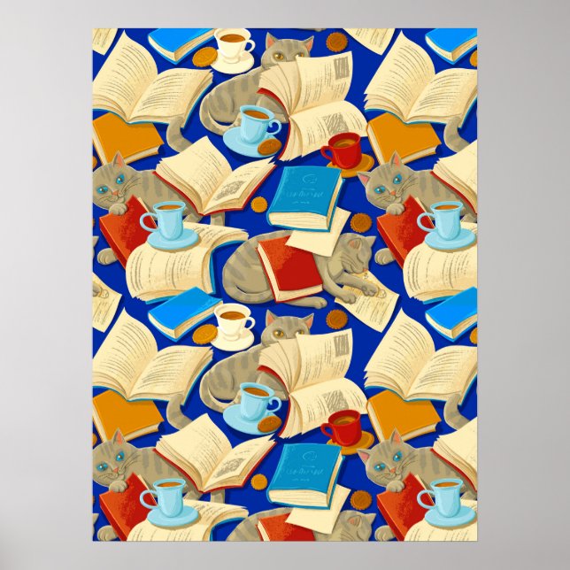Affiche Livres et chats en bleu (Devant)