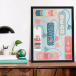 Affiche Livres et lecture Signets thématiques illustrés<br><div class="desc">Ajoutez une touche amusante à la décoration de la bibliothèque ou du livre avec cette affiche qui présente des illustrations de signets dans les tons coralliens,  bleu turquoise,  bronzé et vert sauge contre un arrière - plan vert menthe clair.</div>