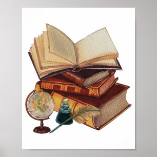 Affiche Livres vintages, Quill, Ink et Collage Globe