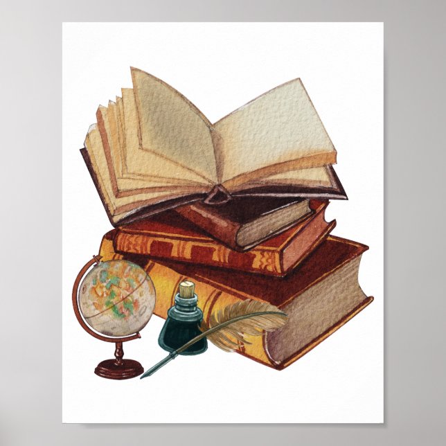 Affiche Livres vintages, Quill, Ink et Collage Globe (Devant)