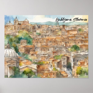 Affiche Ljubljana Slovénie Silhouette Aquarelle peinture
