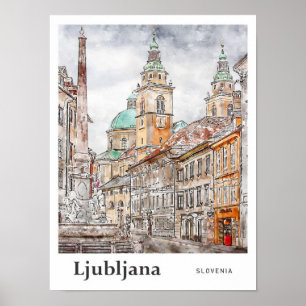 Affiche Ljubljana Slovénie Voyage Aquarelle main tirée