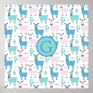 Affiche Llama Alapaca animal Monogramme bleu rose animaux