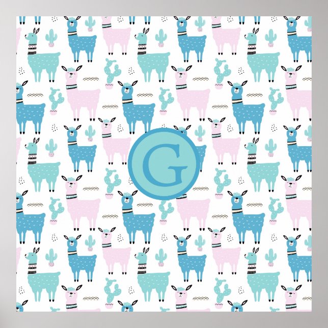 Affiche Llama Alapaca Monogramme Animaux Bleu Rose Animaux (Devant)
