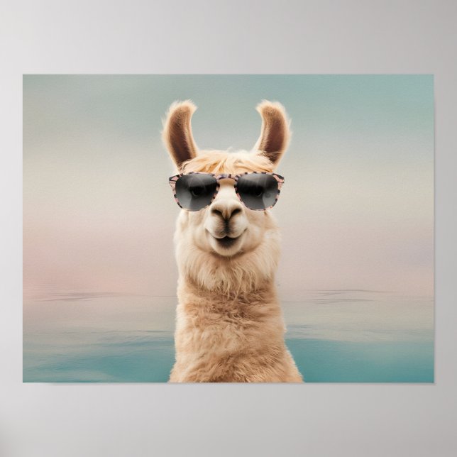Affiche Llama Arrière - plan pastel avec lunettes de solei (Devant)