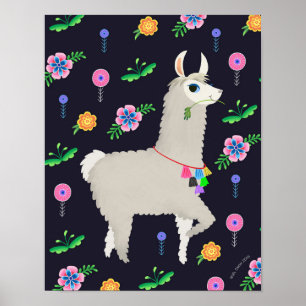 Affiche Llama aux fleurs Art Imprimer