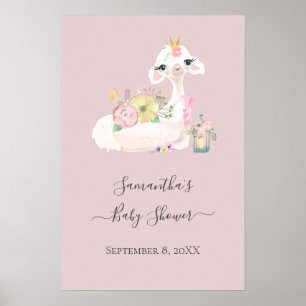 Affiche Llama bébé avec Fleurs blanches et roses Adorable