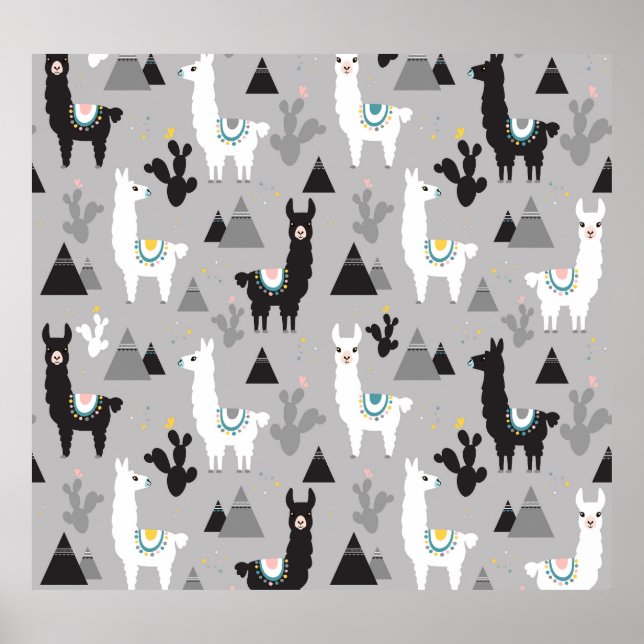 Affiche Llama cactus montagnes, motif sans soudure. (Devant)